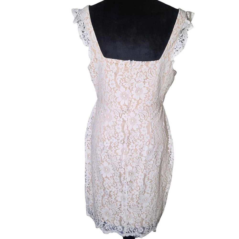 Aakaa Lace Dress Women L Cream Nude Overlay Sweetheart Neck Flutter Sleeve Sheat - Picture 3 of 5